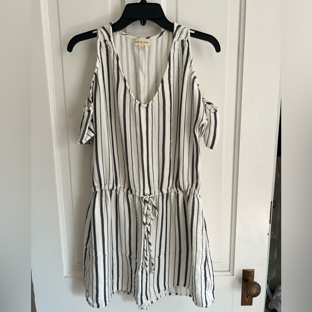 Anthropology Cloth & Stone striped black gray white mini dress M cotton linen